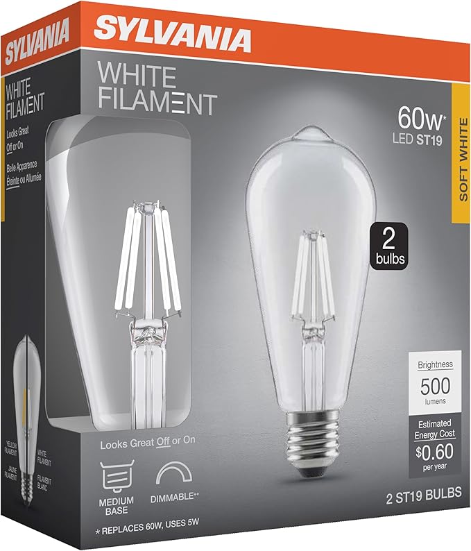Sylvania ST19 Clear LED White Filament Bulb, 5W, Dimmable, 500 LMS, Medium Base, 2700K, Soft White - 2 Pack (42174)