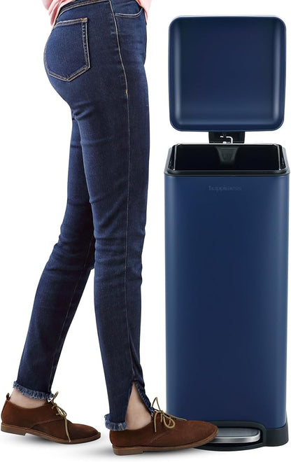 happimess HPM1007H Betty Retro 8-Gallon Step-Open Trash Can, Fingerprint Resistant, Modern, Minimalistic for Home, Kitchen, Laundry Room, Office, Bedroom, Bathroom, Denim Blue