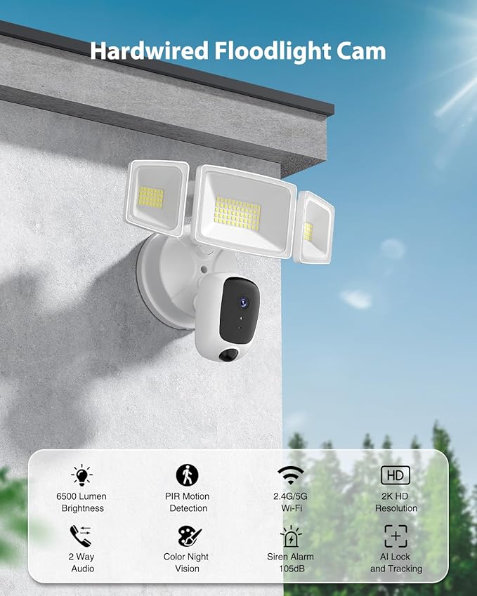6500LM Floodlight Camera Hardwired, 2K HD Security Camera Outdoor with Motion-Activated, Color Night Vision, 24/7 Recording, 2-Way Audio, 2.4G WiFi, Built-in Siren, Works with Alexa & Google