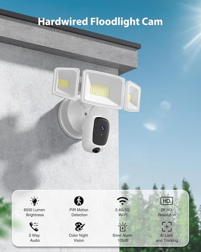 6500LM Floodlight Camera Hardwired, 2K HD Security Camera Outdoor with Motion-Activated, Color Night Vision, 24/7 Recording, 2-Way Audio, 2.4G WiFi, Built-in Siren, Works with Alexa & Google
