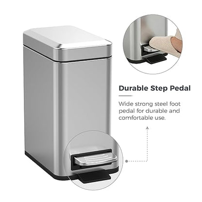 Sineng 1.6 Gallon Stainless Steel Slim Rectangular Pedal Trash Can with Soft Close Lid,Space-Saving Waste Bin for Bathroom,Bedroom,Durable Pedal Step Trash can,Compact Trash bin