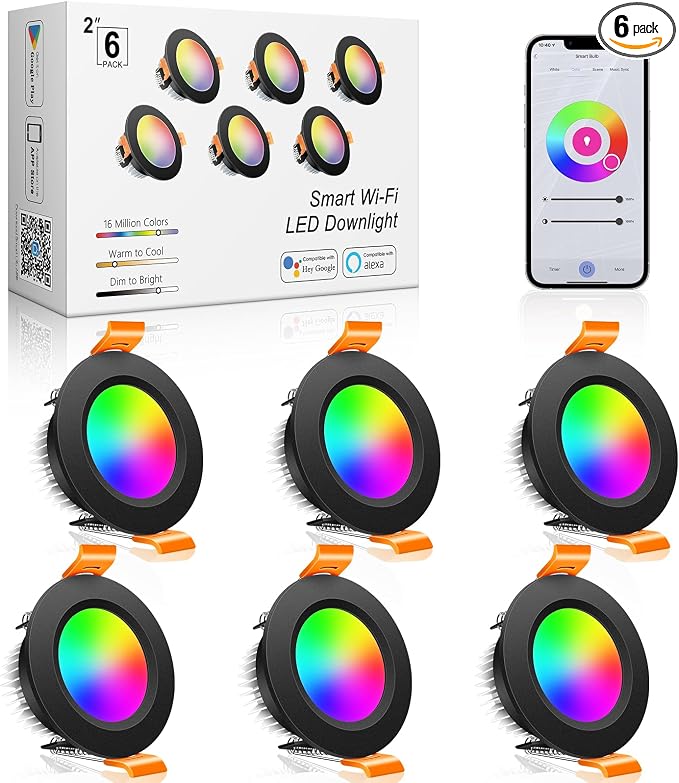 inShareplus 2 Inch Smart LED Recessed Lighting, 5W WiFi RGB Downlight, CCT 2700K-6500K Dimmable Color Changing Ceiling Light with LED Driver, Compatible with Alexa and Google Home, 120V, 6 Pack, Black