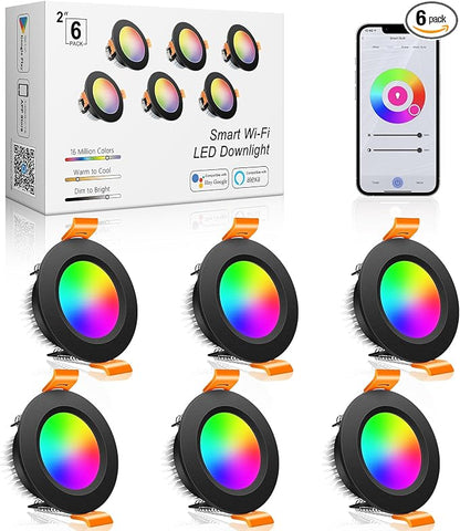 inShareplus 2 Inch Smart LED Recessed Lighting, 5W WiFi RGB Downlight, CCT 2700K-6500K Dimmable Color Changing Ceiling Light with LED Driver, Compatible with Alexa and Google Home, 120V, 6 Pack, Black