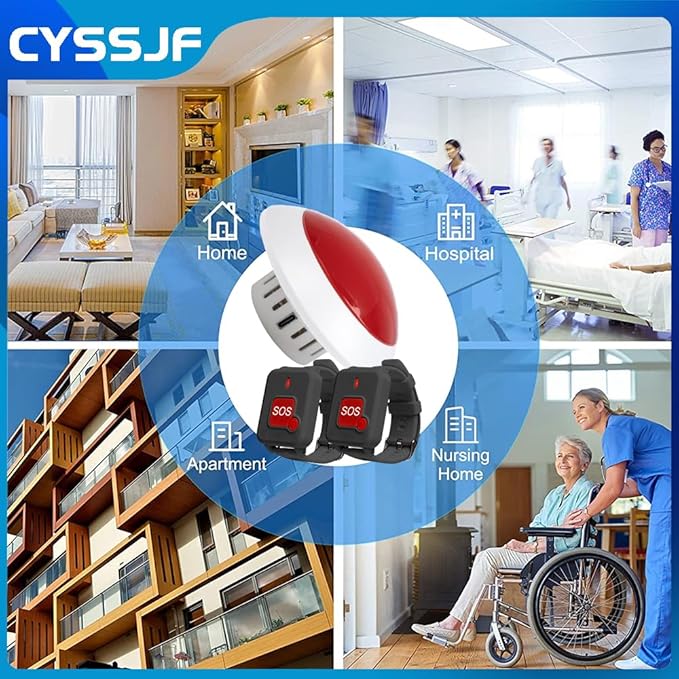 Wireless Caregiver Pager System with 1 Strobe Light Receiver and 2 Waterproof Wrist SOS Panic Buttons Emergency Alert for Elderly & Disabled, Home Care & Hospitals, No Monthly Fee