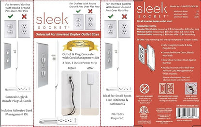 Sleek Socket Original & Patented Ultra-Thin Outlet Concealer with Cord Concealer Kit, Flat Extension Cord with Multi Outlets Power Strip, Ideal for Home Improvement, Hide Bulky and Messy Cords