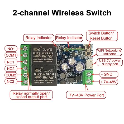 2 Channels WiFi Smart Switch, DC 5V 12V 24V 36V Passive Output Relay Module Ewelink APP WiFi Control Compatible with Alexa/Google Home