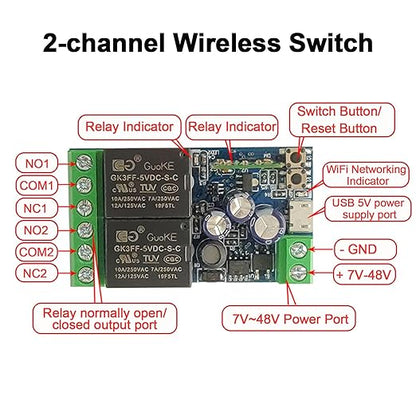 2 Channels WiFi Smart Switch, DC 5V 12V 24V 36V Passive Output Relay Module Ewelink APP WiFi Control Compatible with Alexa/Google Home