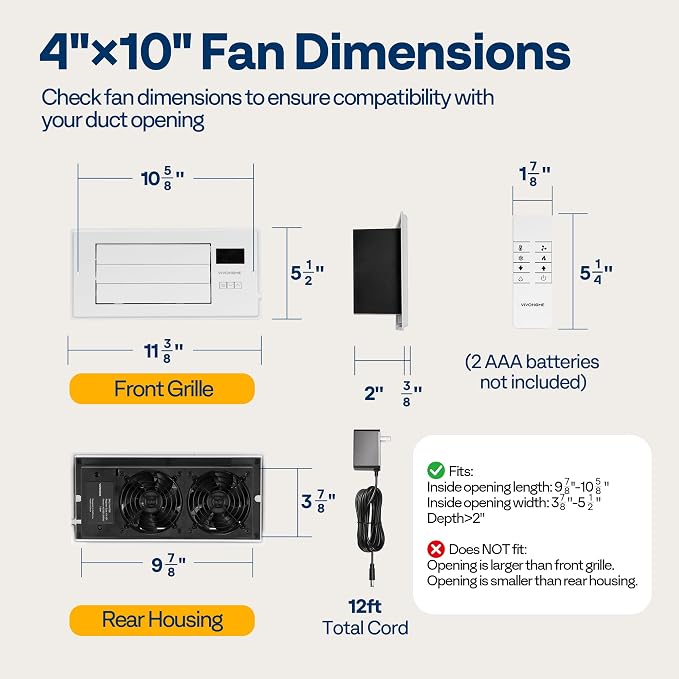 VIVOHOME Register Booster Fan - 4'' x 10'' Opening with Adjustable Louver | Smart Thermostat & 10-Speed WIFI App Control - AC Vent Fan for Floor, Ceiling, Wall - Quiet Operation (White)