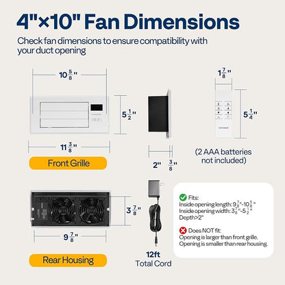 VIVOHOME Register Booster Fan - 4'' x 10'' Opening with Adjustable Louver | Smart Thermostat & 10-Speed WIFI App Control - AC Vent Fan for Floor, Ceiling, Wall - Quiet Operation (White)