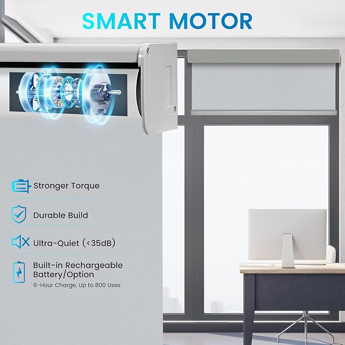 Motorized 100% Blackout Roller Shades – Custom Smart Blinds with Remote, Rechargeable Battery or Plug-in Motor, Tuya WiFi Optional, Home & Office Automatic Window Shades (Olive Gray/CH9443)