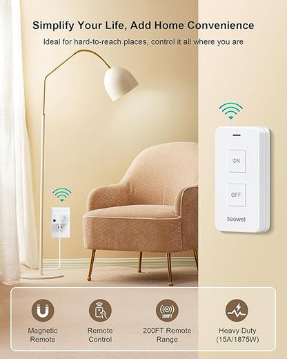 Remote Control Outlet with 2 Remotes, 200FT Long Range Wireless On Off Switch, Mini Electrical Outlet Plug, 15A/1875W High-Power for Lamps, Lights, Household Appliances, ETL & FCC Listed