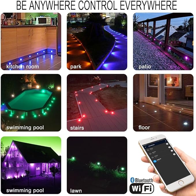 LED Deck Light Kit, 30pcs Φ1.77 WiFi Wireless Smart Phone Control Low Voltage Recessed RGBW Deck Lights with Remote, Voice Control, IP67 Waterproof Outdoor Path Stair Landscape Lighting, Black