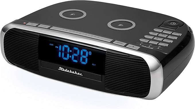 Studebaker Workstaton HiFi Music System with Bluetooth, FM Radio, CD, and Qi Wireless Charging Station (Black)