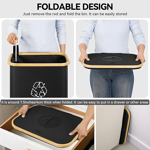 Recycling Bin for Kitchen, 26 Gallon 100L Indoor Home Recycle Bin with Lid and 2 Removeable Reusable Inner Bags, for Bottles, Cans, Glass, Plastic & Stickers, Black
