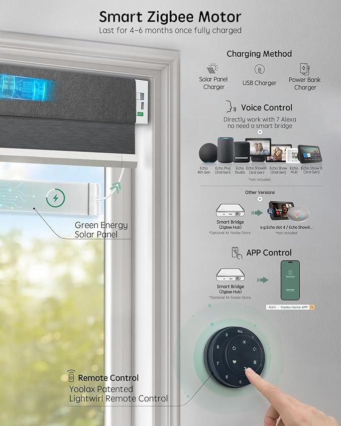 Yoolax Motorized Cellular Shades Compatible with Alexa, Blackout Motorized Blinds with Remote Smart Honeycomb Shades for Indoor Windows, Automatic Blinds Custom Size (Texture Dark Grey)