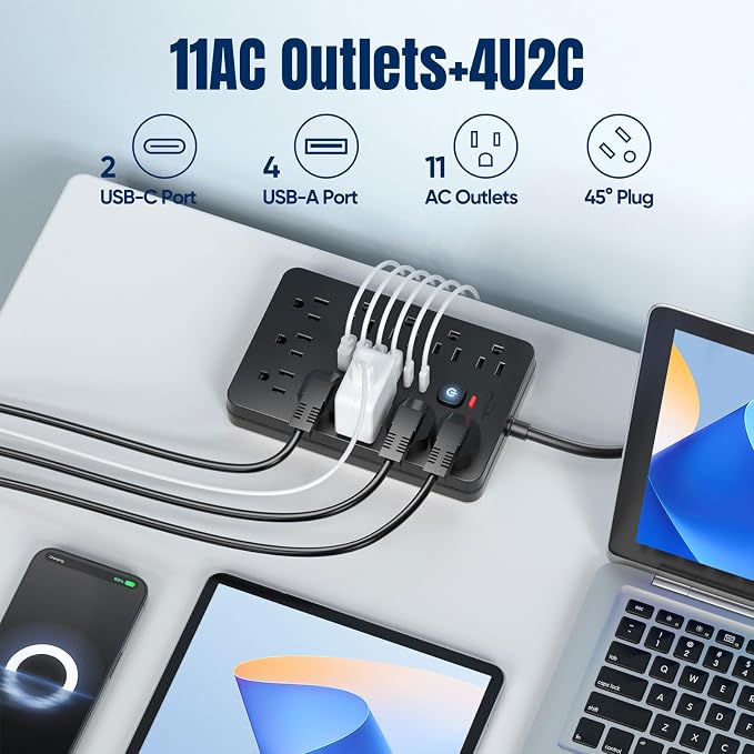 JouleLoom 17-in-1 Surge Protector Power Strip,2 Pack 6FT Flat Plug Cord, 11 AC Outlets +6 USB Ports (2 Type-C), 10A/1250W, Single Touch On/Off Switch