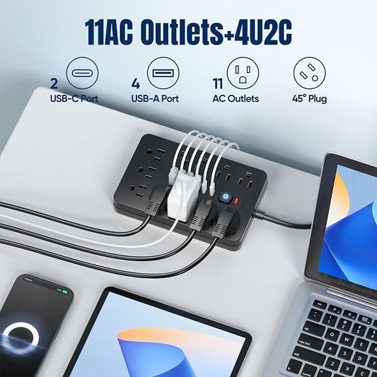 JouleLoom 17-in-1 Surge Protector Power Strip,2 Pack 6FT Flat Plug Cord, 11 AC Outlets +6 USB Ports (2 Type-C), 10A/1250W, Single Touch On/Off Switch