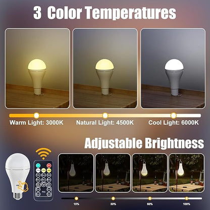 Brightown USB Rechargeable Light Bulb with Remote and Timer, Battery Emergency Light Bulbs for Home Power Outage, Hanging LED Light Bulb with Hook for Outdoor Camping Tent, 700LM, 6000K, 2 Pack
