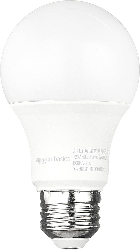 Amazon Basics A19 Dusk to Dawn Sensor LED Outdoor Light Bulbs, 60W Equivalent, Energy-Efficient 9W, Daylight White 5000K, E26 Base, Auto On/Off, Porch, 10,000 Hours, 6-Pack