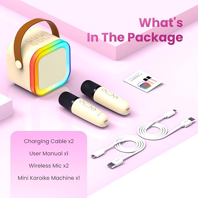 Mini Karaoke Machine for Kids Adults, 2026 TOP Birthday Gifts for Girls Boys 3,4,5,6,7,8+Year Old Toddler Toys, Portable Bluetooth Speaker with 2 Wireless Karaoke Microphones Player (Light Beige)
