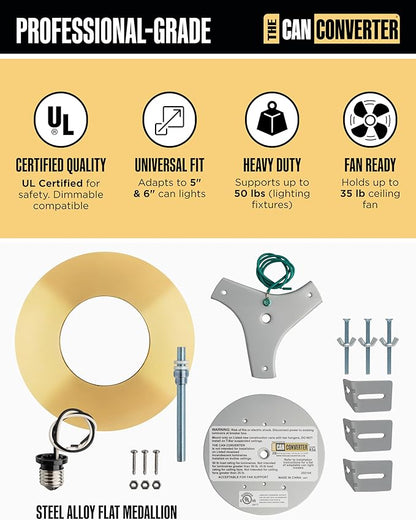 The Can Converter R56 Recessed Can Light Conversion Kit w/ 7"¾ Flat Ceiling Medallion - Home Improvement for 5" & 6" Cans, Converter Kit for Ceiling Fan & Light Fixture, UL Certified, Polished Brass