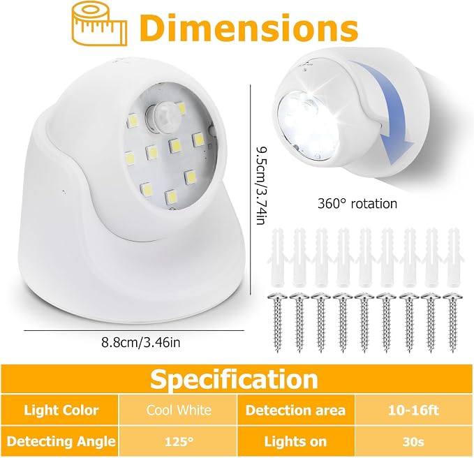 Motion Sensor Outdoor Lights - Outdoor Motion Sensor Light Battery Operated Wireless Spotlight Motion Detector Security Light Auto On Off for Sheltered Porch Stair Hallway Garage Wall Shed (4 Pack)