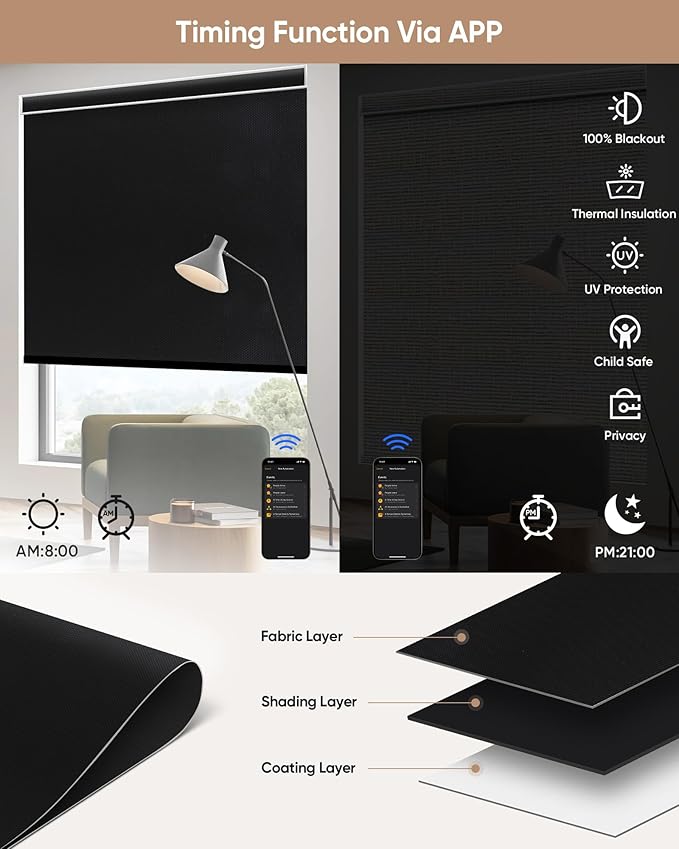 Motorized Blinds with Remote: Kincmo 100% Blackout Roller Shades Work with Apple Homekit,Alexa,Google Home, Customized Electric Blinds with App,Voice Control (100% Blackout Pure Black)