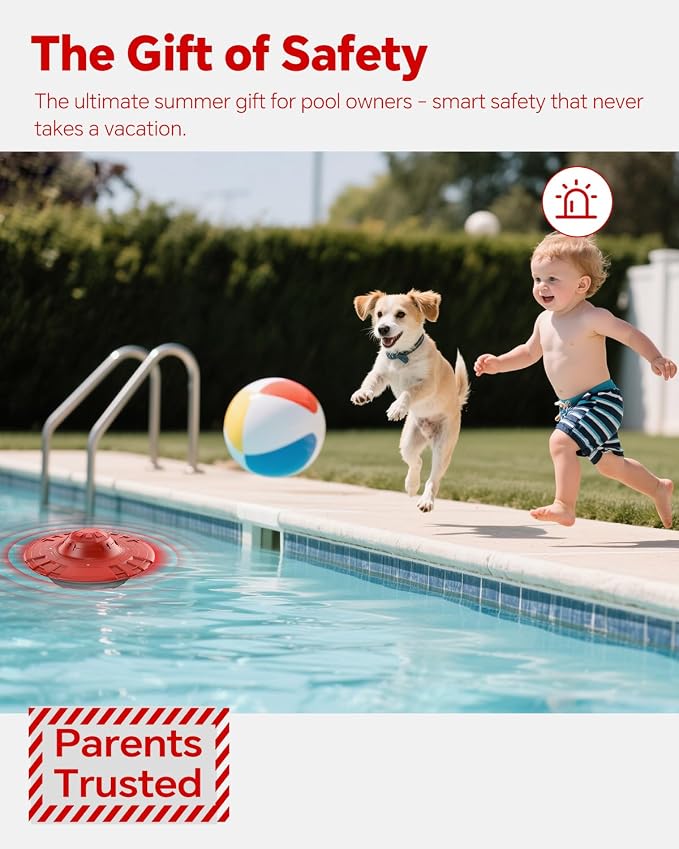 Pool Alarm for Inground & Above Ground Pools – Floating Pool Safety Alarm with 110dB Siren, Adjustable Sensitivity, Weatherproof– Covers up to 20' x 40' – Protects Kids & Pets (Red+Black)