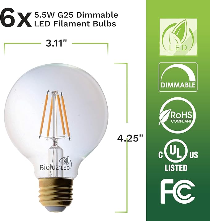 Bioluz LED 92 CRI G25 Globe Light Bulbs Clear Glass Filament 60W Replacement 5.5W Dimmable 2700K LED Bulb, Low Wattage Regular Light Bulbs LED, Bathroom Vanity Decor, 60W Edison Bulbs UL Listed-6-Pack