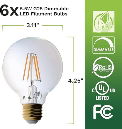 Bioluz LED 92 CRI G25 Globe Light Bulbs Clear Glass Filament 60W Replacement 5.5W Dimmable 2700K LED Bulb, Low Wattage Regular Light Bulbs LED, Bathroom Vanity Decor, 60W Edison Bulbs UL Listed-6-Pack