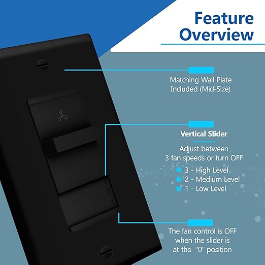 LIDER 3-Speed Fan Switch, Slider Switch for Fan, Ceiling Fan Control Switch, 120V, 2.5A Motor, Single Pole, Modern Upgrade, UL Listed, Black, 2 Pack