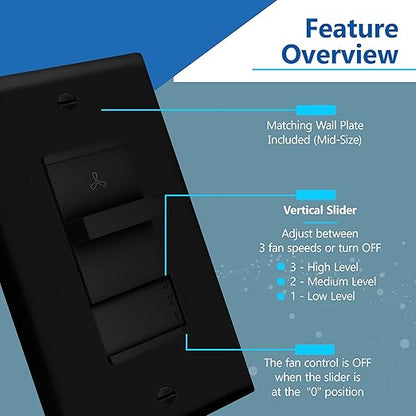 LIDER 3-Speed Fan Switch, Slider Switch for Fan, Ceiling Fan Control Switch, 120V, 2.5A Motor, Single Pole, Modern Upgrade, UL Listed, Black, 2 Pack