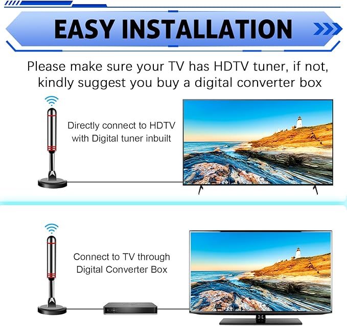 TV Antenna for Smart TV Indoor, 2024 Newest Antenna with Strong Magnetic Base, 360°&Long Range Reception TV Antenna for Local Channels, Easy Setup Antenna for TV Without Cable (Black+Red)