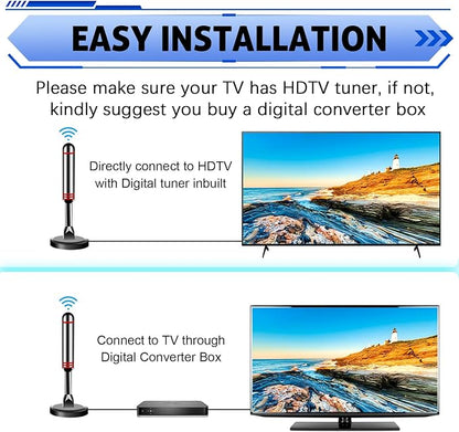 TV Antenna for Smart TV Indoor, 2024 Newest Antenna with Strong Magnetic Base, 360°&Long Range Reception TV Antenna for Local Channels, Easy Setup Antenna for TV Without Cable (Black+Red)