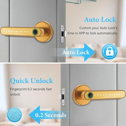 Smart Door Lock with Knob, Keyless Entry Door Locks with Handle, Fingerprint Door Knob for Bedroom/Front Door/Apartment,Generate Passcode Gold