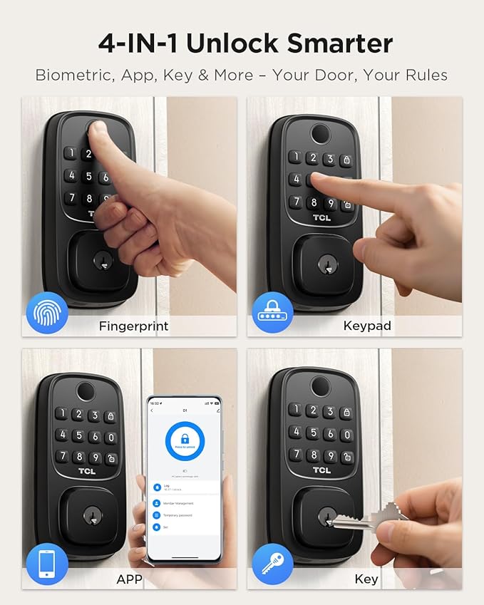 TCL D1 Wi-Fi Smart Lock, Fingerprint Door Lock, Keyless Entry Keypad Deadbolt Lock for Front Door, Built-in WiFi, Auto Lock, Voice Control, Easy Installation, 8 Months Battery (Black)