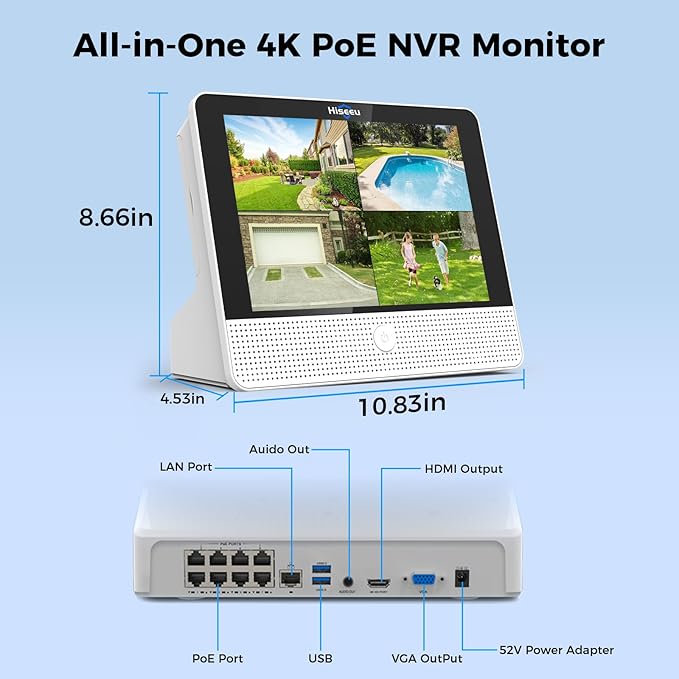 Hiseeu 4K PoE NVR Network Video Recorder,All-in-One 12" Monitor for Home Security Camera System,Support 4K/5MP/4MP/3MP/1080P PoE Camera,Motion Detect,24/7 Recording,Smart Playback,No HDD