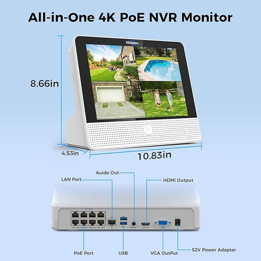 Hiseeu 4K PoE NVR Network Video Recorder,All-in-One 12" Monitor for Home Security Camera System,Support 4K/5MP/4MP/3MP/1080P PoE Camera,Motion Detect,24/7 Recording,Smart Playback,No HDD