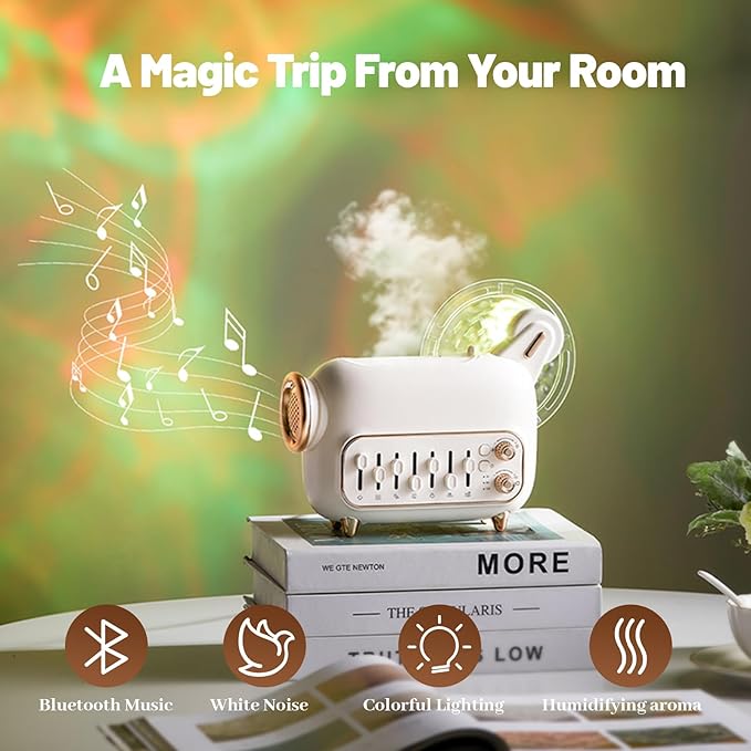 5-in-1 waterless Diffuser: Bluetooth Speaker, Humidifier, LED Night Light, White Noise & Nature Sounds. Auto Shut-Off. Aromatherapy Diffuser for Bedroom, Office, Yoga, Kids & Adults