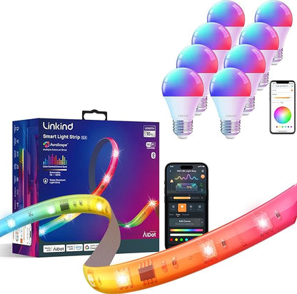 Linkind WiFi Smart Light Bulbs 8 Pack and LED Strip Lights RGB 10ft Compatible with Alexa and Google Home