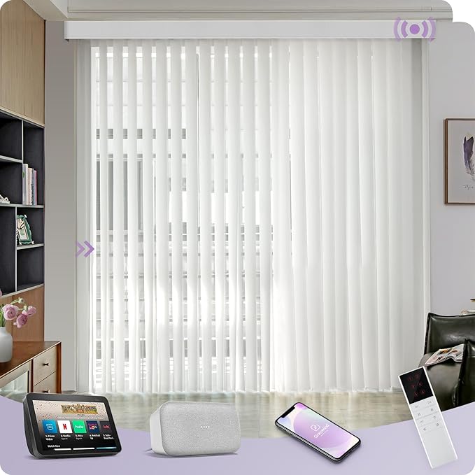 Graywind Motorized Sheer Vertical Blinds Compatible with Alexa Google Smart Sheer Curtain Drapery Privacy Light Filtering Remote Control Vertical Shades, Custom with Up to 157", Wave White
