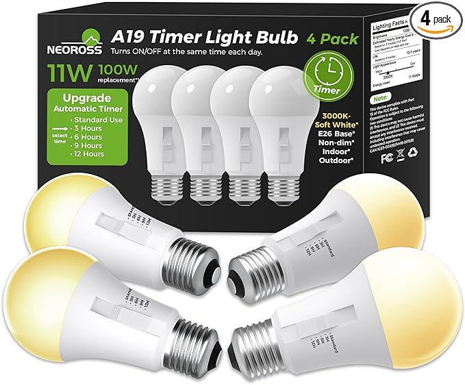 Upgraded Timer Light Bulb, 100W Equivalent A19 LED with 12/9/6/3H Auto Off or Always-On Mode, 11W 3000K Soft White, 1200LM, E26 Base, No App/WiFi Needed, Indoor Outdoor Security Light, 4 Pack