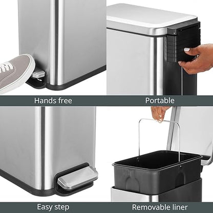 mDesign Slim Metal Rectangle 7.9 Gallon Trash Can with Step Pedal, Easy-Close Lid, Removable Liner - Narrow Wastebasket Garbage Container Bin for Bathroom, Bedroom, Kitchen, Office - Brushed Chrome