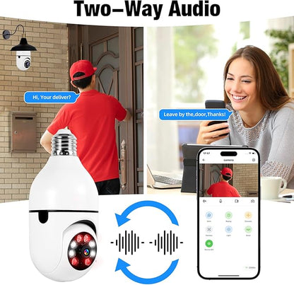 TOWODE 2K Light Bulb Security Camera Outdoor 2 Packs, 2.4GHz Wi-Fi Wireless Home Security Camera with 2 Way Talk, Color Night Vision, AI Human Detection, E27 Screw in Light Socket