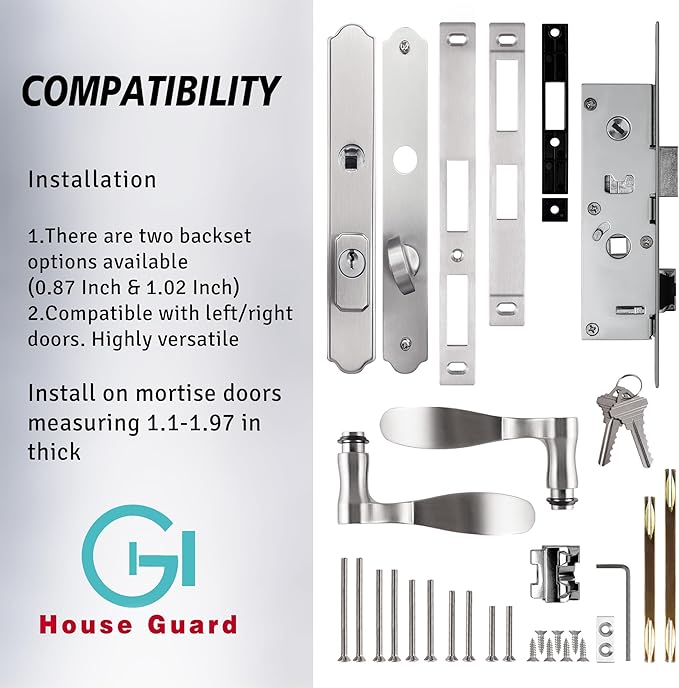 House Guard Storm Door Handle Replacement with Lock, Fits Storm & Screen Doors, Compatible with 1.1-1.97 Inch Thick Doors, 0.87 Inch & 1.02 Inch Backset Options (Brushed Nickel)