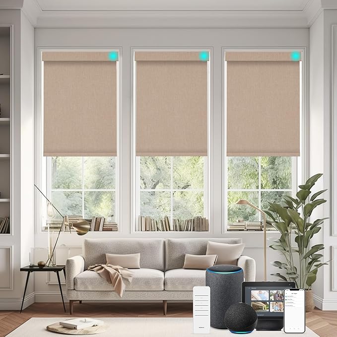 Changshade Smart Roller Shade with Remote Control Blackout Automatic Window Shades for Home Custom Size Motorized Blinds for Windows Work with Alexa,Google Home,Apple Homekit, Khaki Brown
