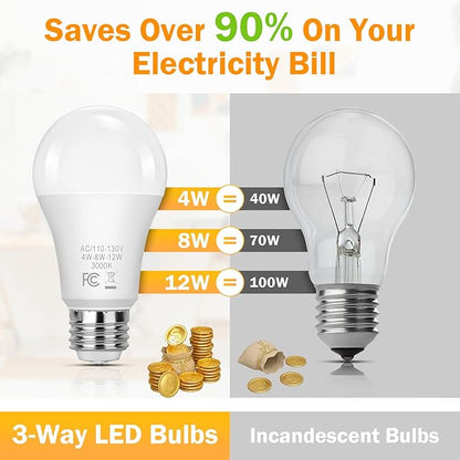 3 Way Light Bulbs 40 70 100W Equivalent, LED Dimmable A19 Three Way Light Bulbs Soft White 3000K, E26 Medium Base, 4/8/12W Energy Saving 3 Way Bulb for Floor Lamp Desk Lamp Table Lamp Reading, 2-Pack