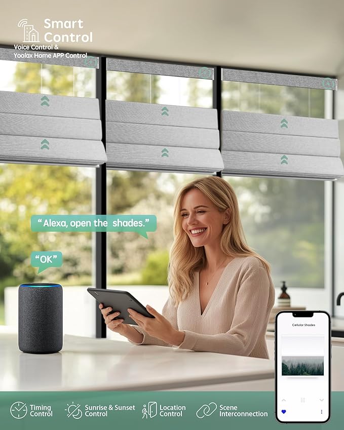 Yoolax Smart Top Down Bottom Up Roman Shades, Motorized Roman Shades with Remote, Blackout Smart Blinds Work with Alexa, Google Home, Apple Homekit for Living Room Bedroom, Customized (Basalt Stripe)
