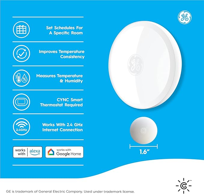 GE Cync Smart Temperature Sensor, Works with Cync Smart Thermostat (Required and Sold Separately) to Reduce Hot and Cold Spots, Easy Mounting and DIY Installation, White