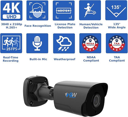GW Security 8 Channel 12MP NVR Face Recognition/Human/Vehicle Detection 4K 8MP Security Camera System - Eight 8MP 2160P Outdoor Microphone AI Bullet Cameras, Video & Audio Recording, 2TB Hard Drive